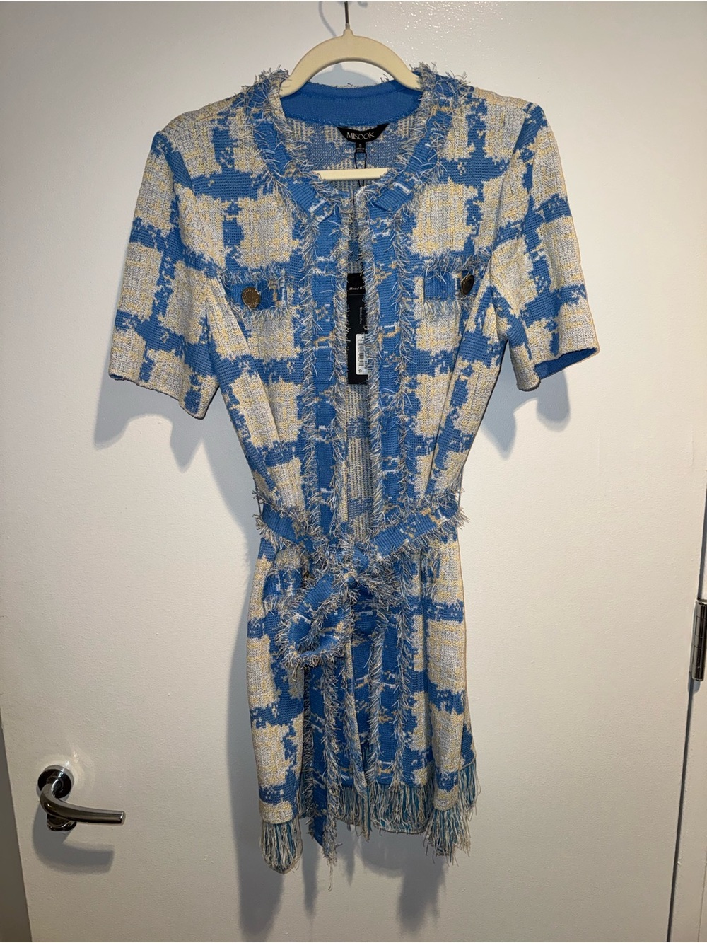 MISOOK Fringe Knit Tie Waist Short Sleeve Duster Top NWT
